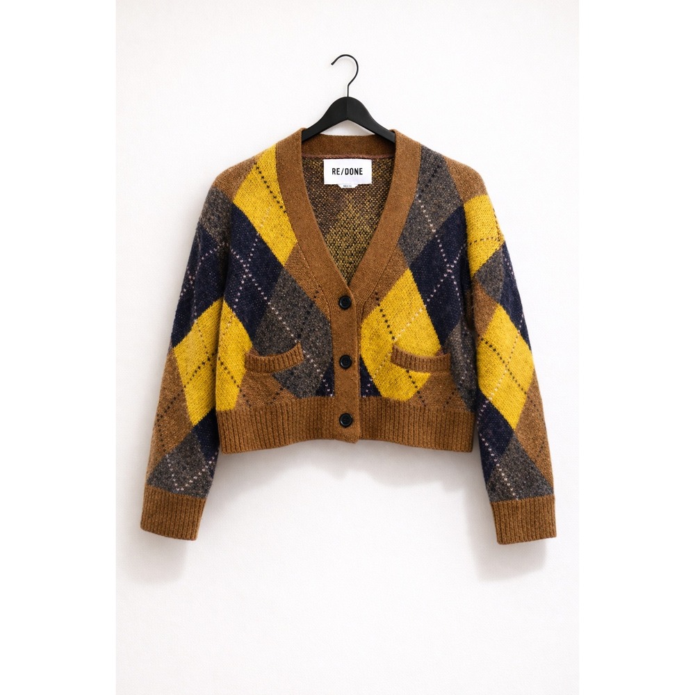 RE/DONE Cropped Argyle Cardigan Selena Gomez M Alpaca OMITB Only Murders Caramel